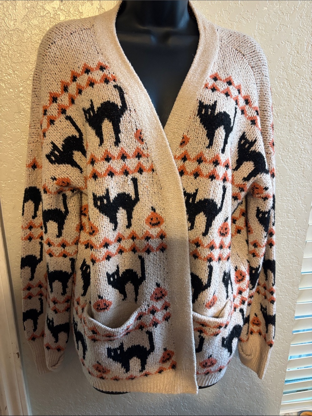 Maurices Beige Cardigan with Black Cat and Orange Pumpkin Motif